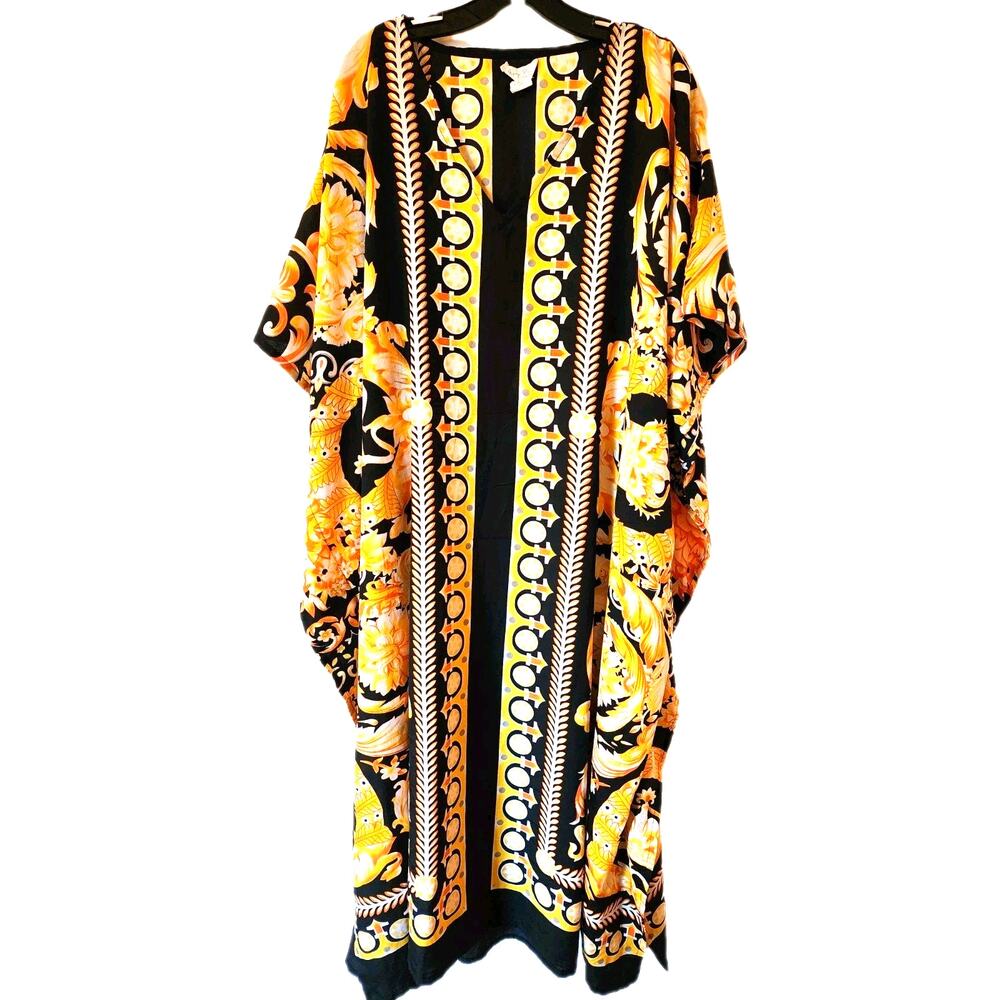 Gypsie Blu Caftan Tube Dress One Size Kaftan Muumuu Yellow Geometric Mrs Roper